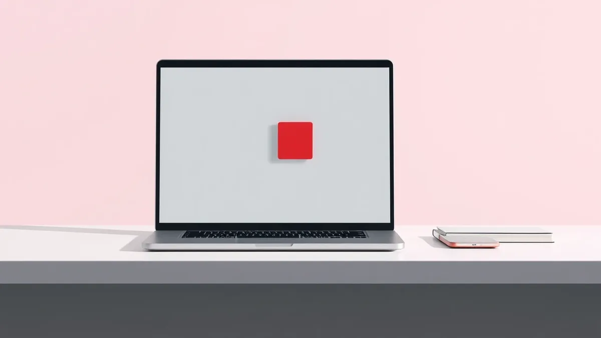 Illustration: A single, open laptop computer sits on a clean white desk.