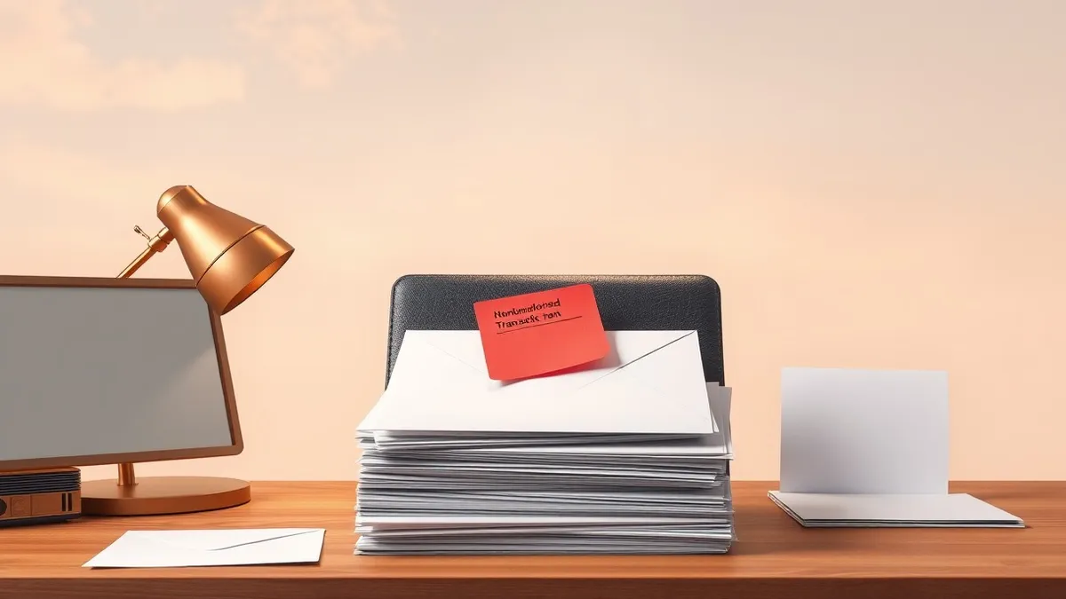 Illustration: A small wooden office desk sits under a single warm lamp, holding a stack of blank white envelopes and a closed leather folder.