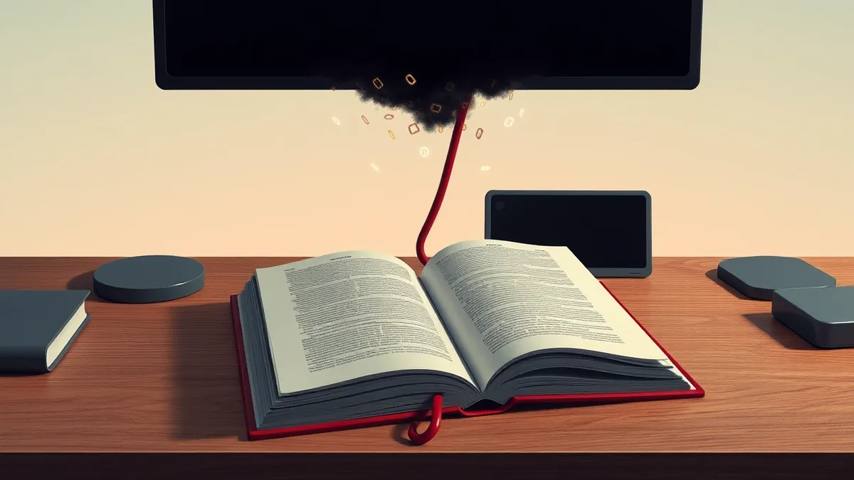 Illustration: A standard python programming book lies open on a wooden desk.