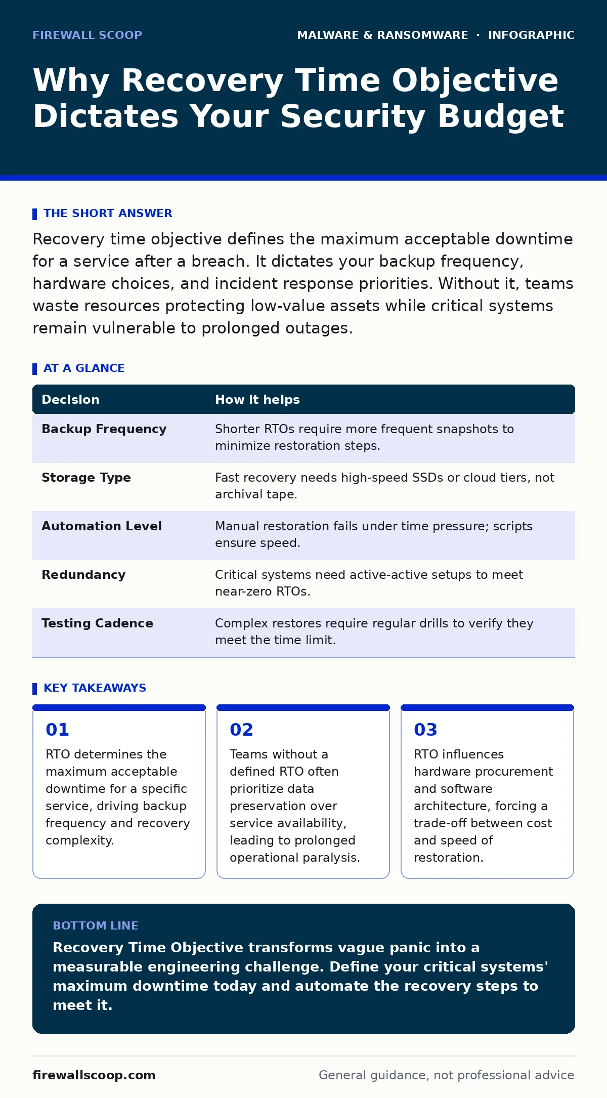 Infographic: Why Recovery Time Objective Dictates Your Security Budget. RTO determines the maximum acceptable downtime for a specific service, driving backup frequency and recovery complexity. Teams without a defined RTO often prioritize data preservation over service availability, leading to prolon