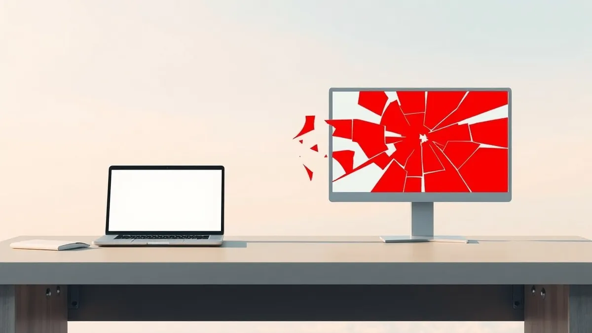 Illustration: A split office desk shows a pristine laptop on the left and a shattered monitor on the right, separated by a bold vertical line.