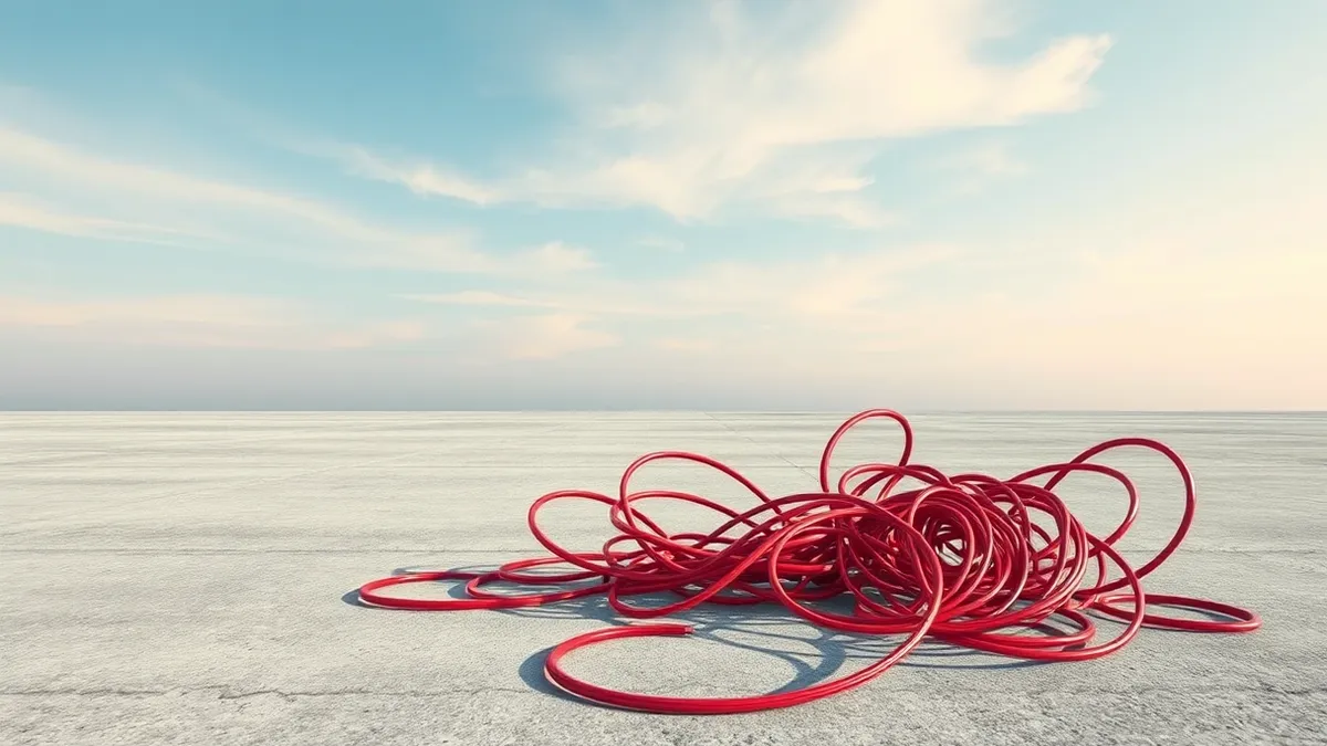 Illustration: A tangled knot of red wires lies on a gray concrete floor, with a single clean blue cable emerging straight from the center.
