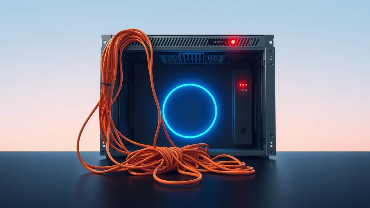 Illustration: A tangled knot of orange network cables spills from an open server chassis into a dark void.