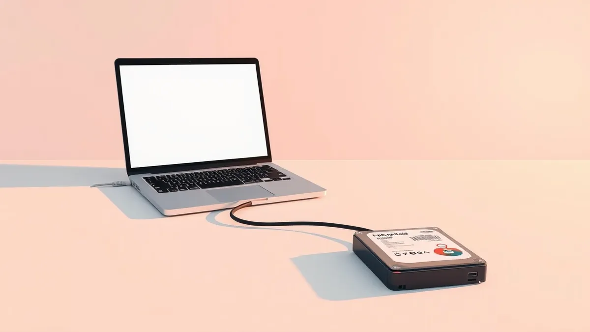 Illustration: A laptop sits isolated on a clean desk with its ethernet cable physically unplunged.
