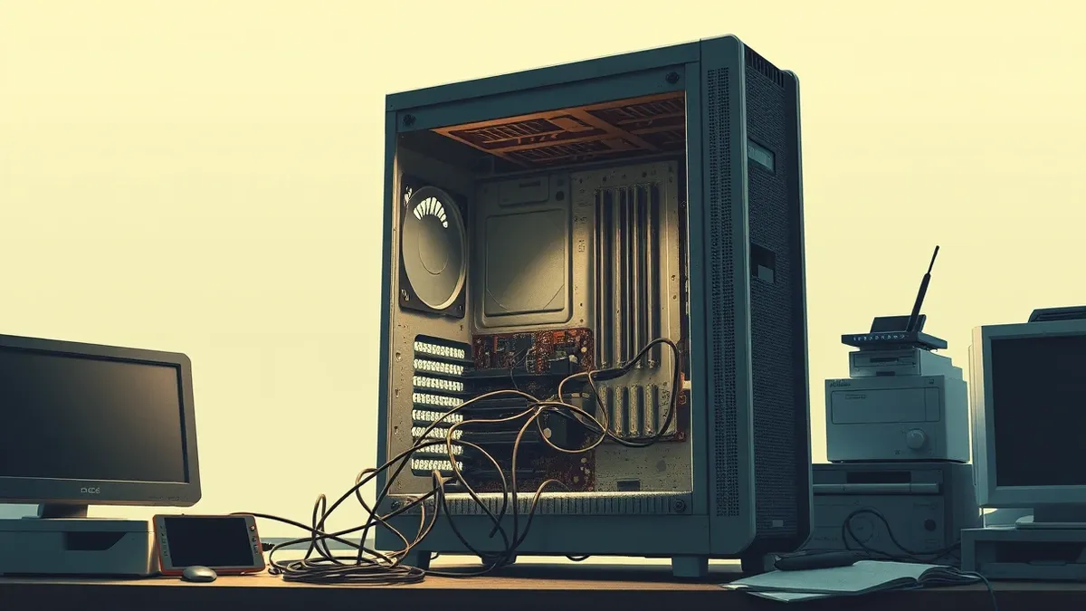 Illustration: A dusty computer tower sits open on a cluttered desk, its internal circuitry exposed to harsh overhead light.