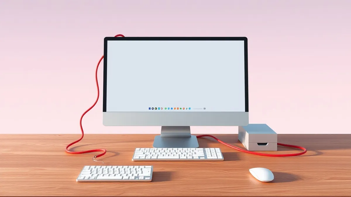 Illustration: A sleek silver desktop computer sits on a wooden desk, connected to a white keyboard and mouse.