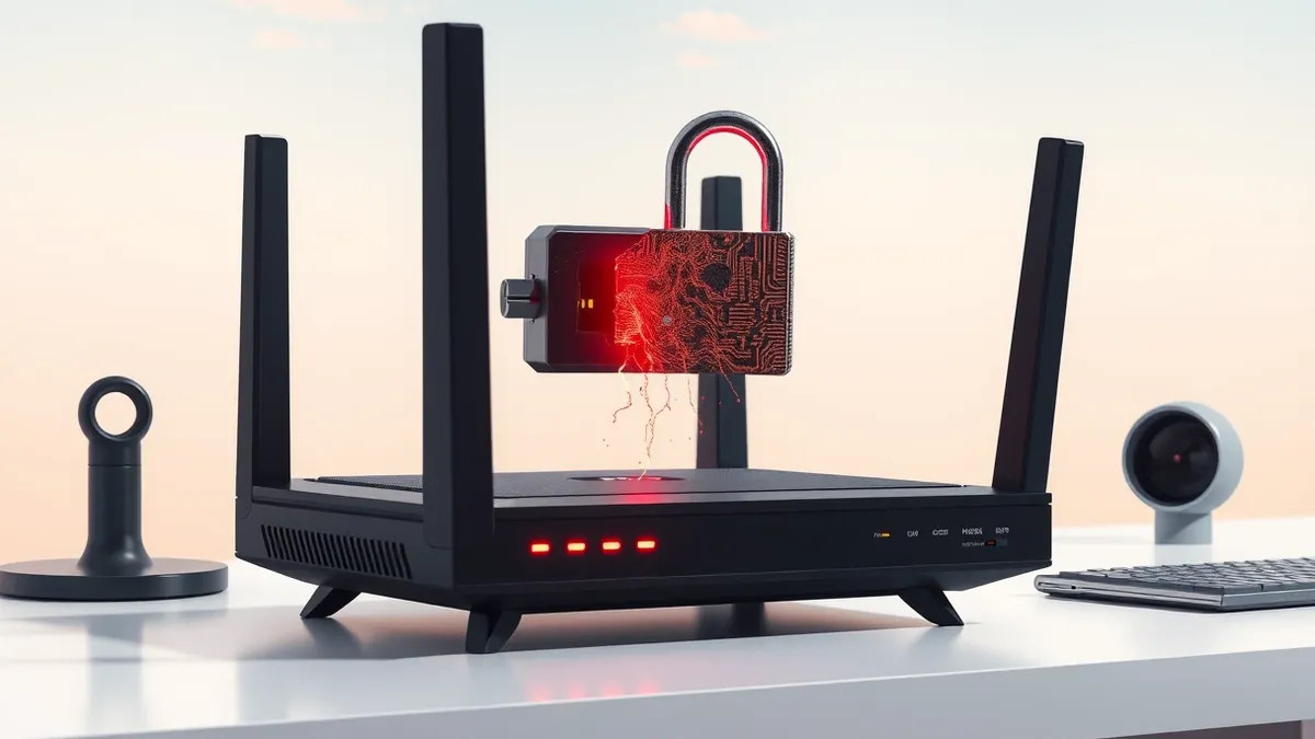 Illustration: A sleek black router sits on a white desk with its status lights blinking red.