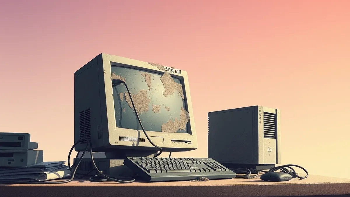 Illustration: A single obsolete desktop computer sits abandoned on a cluttered office desk, its power cord unplugged and dangling.