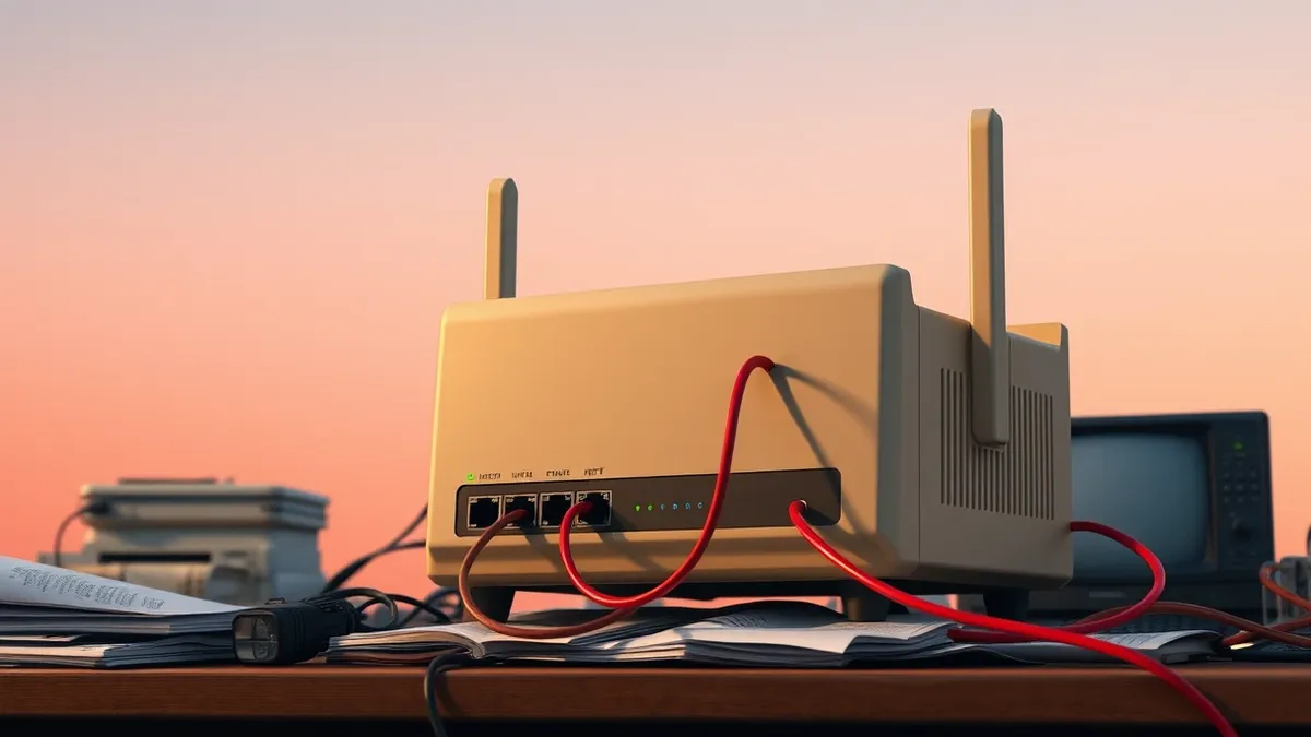 Illustration: A beige desktop router sits on a cluttered office desk, its front panel lit by steady green status LEDs.