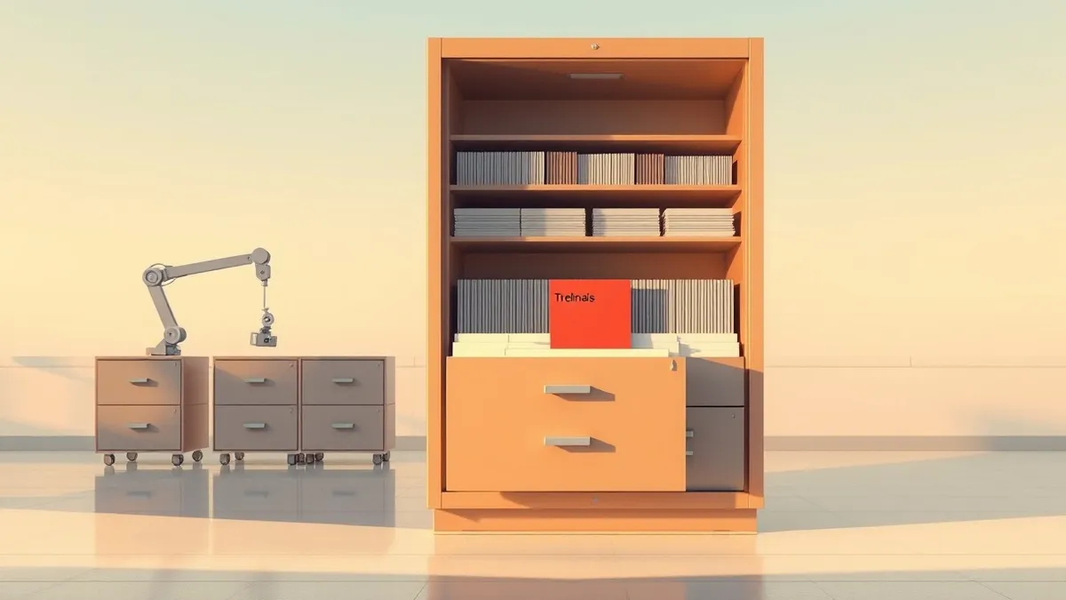Illustration: A large, organized filing cabinet stands open in a sterile room, its drawers pulled slightly to reveal rows of blank, white index cards.