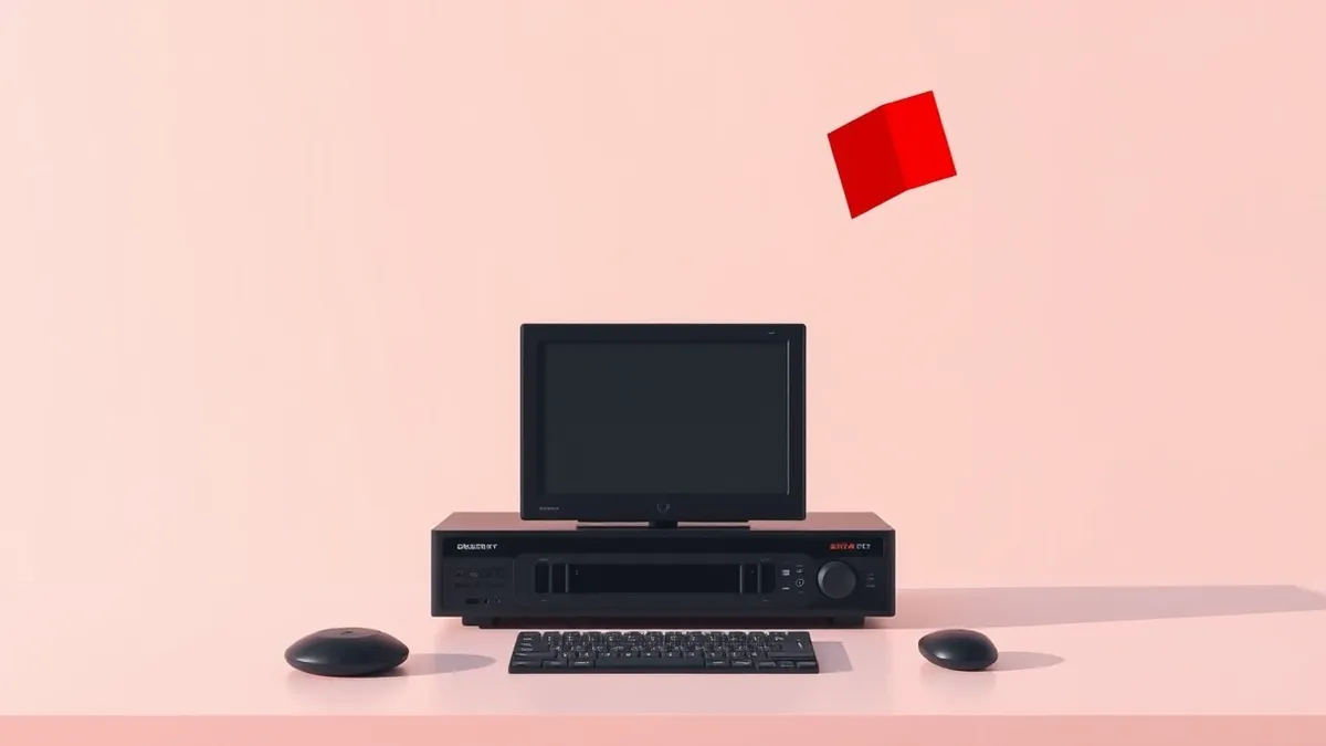 Illustration: A small black video encoder sits on a desk with a blank screen.