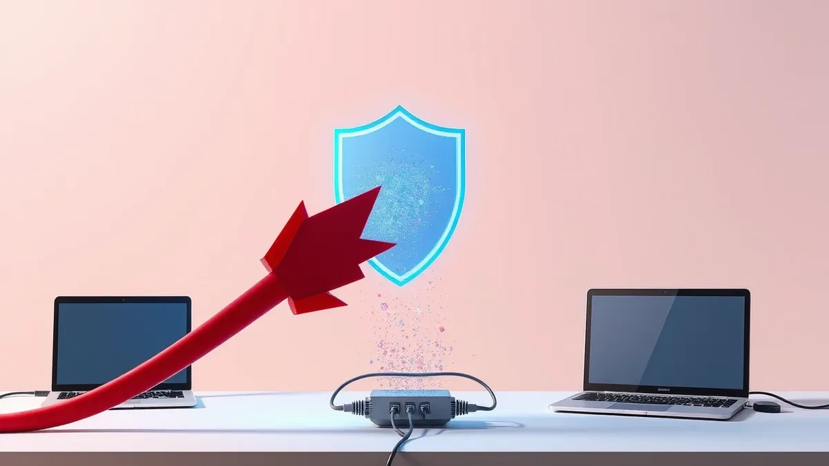 Illustration: A thick, jagged red arrow representing malicious traffic smashes into a solid transparent shield hovering over a network cable bundle.