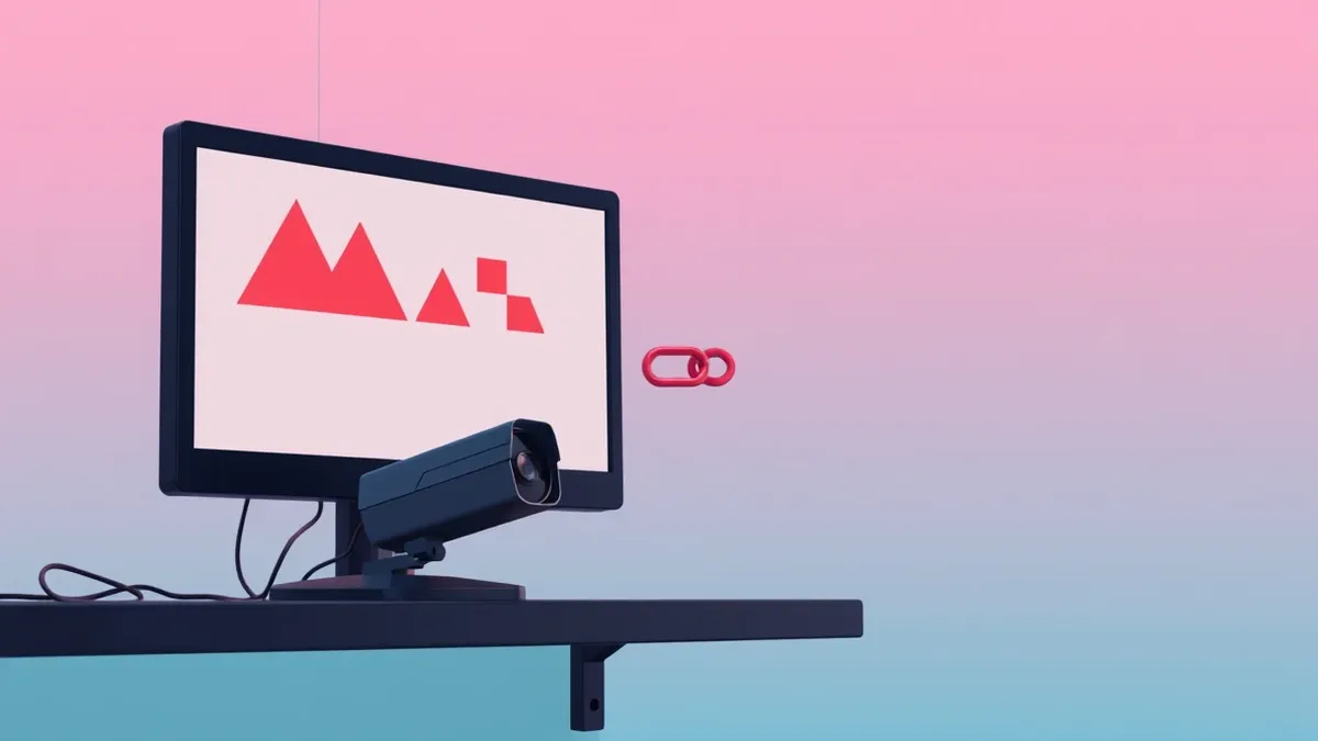 Illustration: A security camera sits on a dark shelf beside a blank monitor displaying abstract red warning shapes.