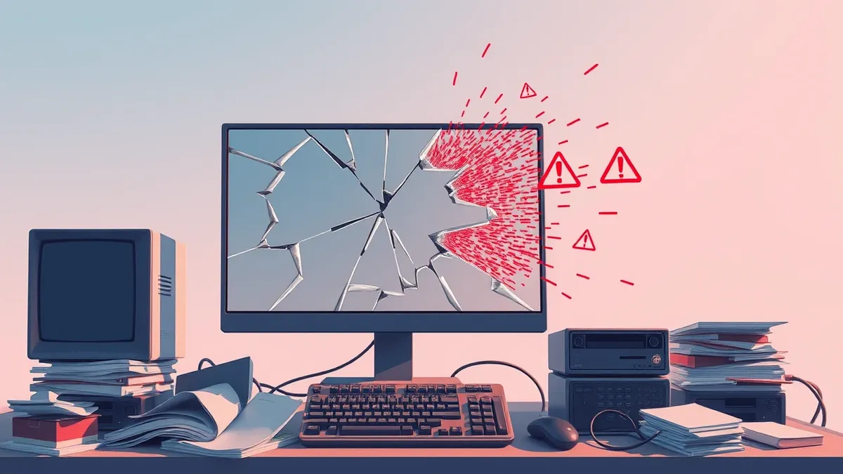 Illustration: A cracked computer monitor sits on a messy desk, its screen displaying jagged, distorted abstract shapes that spill outward like shattered glass.
