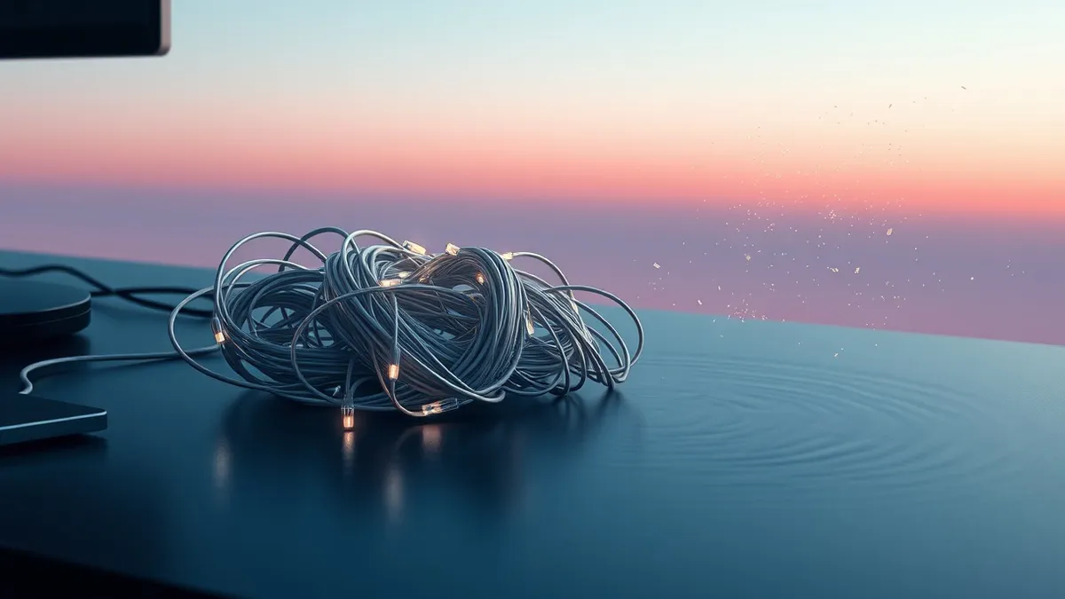 Illustration: A tangled knot of glowing fiber optic cables rests on a dark desk, with faint digital ripples disturbing the surface water nearby.