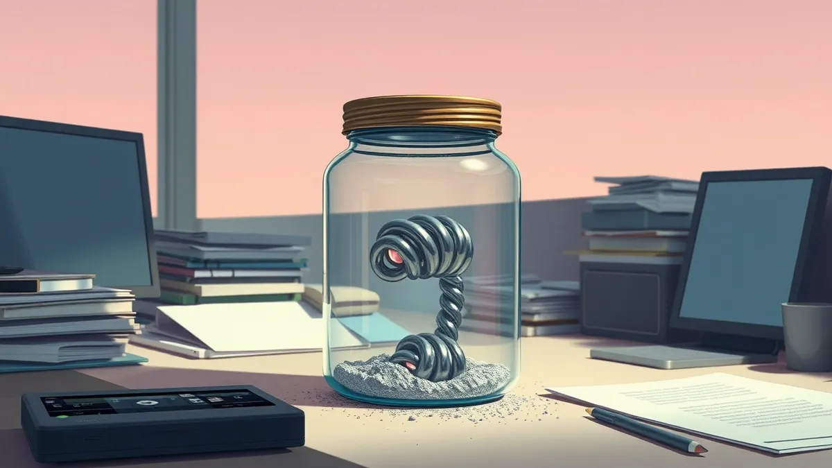 Illustration: A sealed glass jar sits on a cluttered office desk.