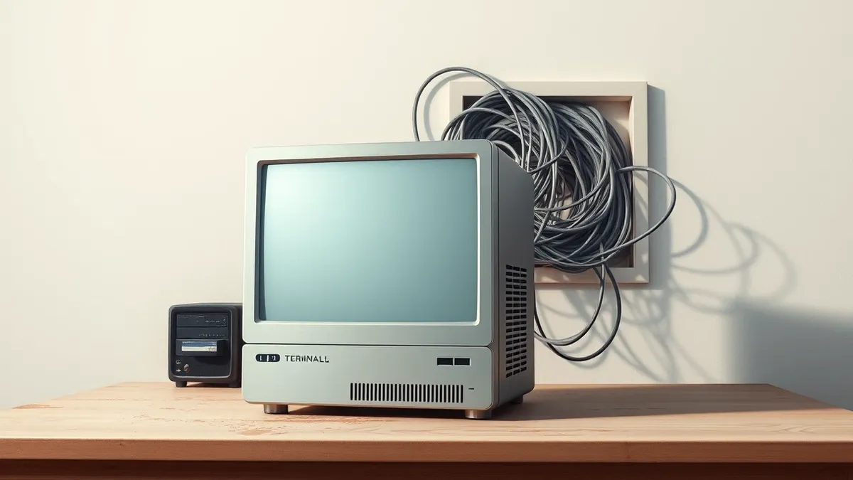 Illustration: A sleek silver terminal server sits on a dusty desk, its blank screen reflecting harsh overhead lights.