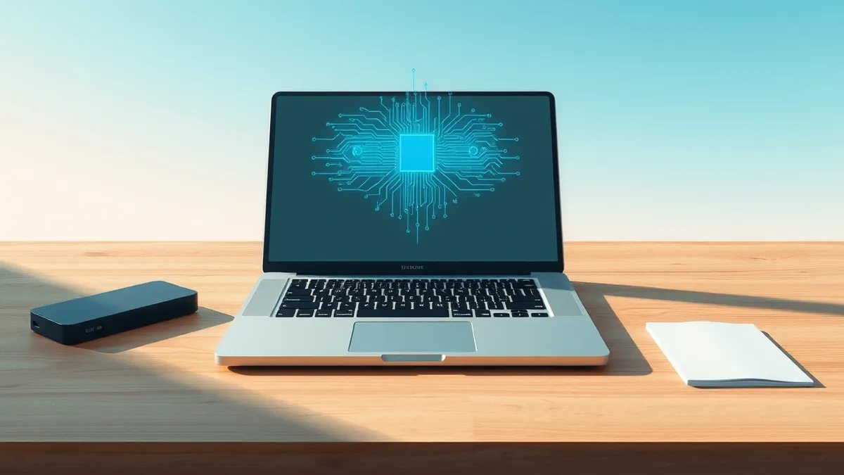 Illustration: A silver laptop sits open on a clean wooden desk next to a small external hard drive.