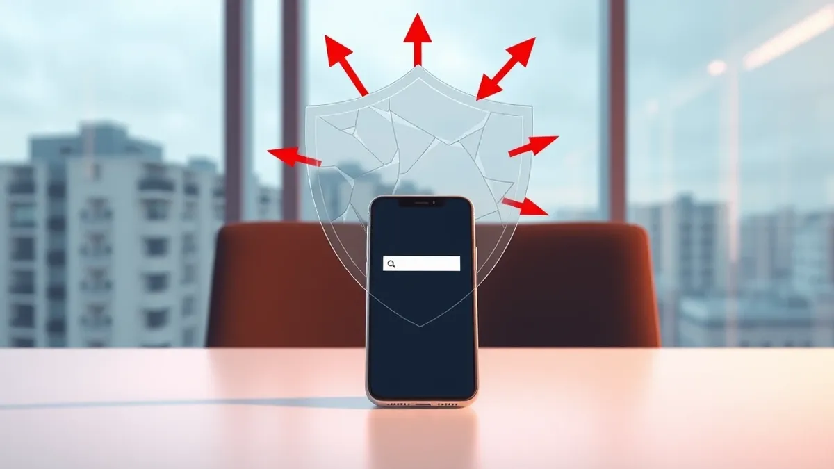 Illustration: A sleek office desk holds a single smartphone displaying a blank login interface.