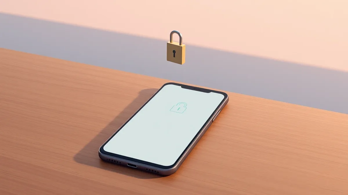 Illustration: A sleek smartphone rests on a wooden desk, its screen displaying a blank interface with a single central lock icon.