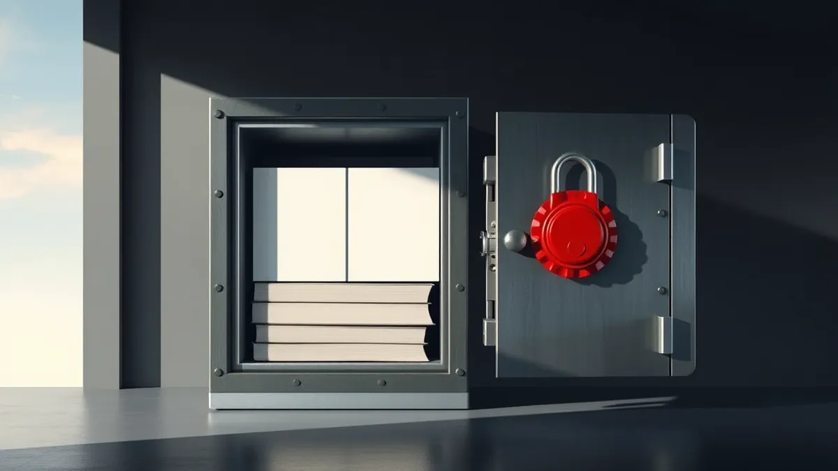 Illustration: A rugged metal safe sits isolated in a dim room, its heavy door slightly ajar.