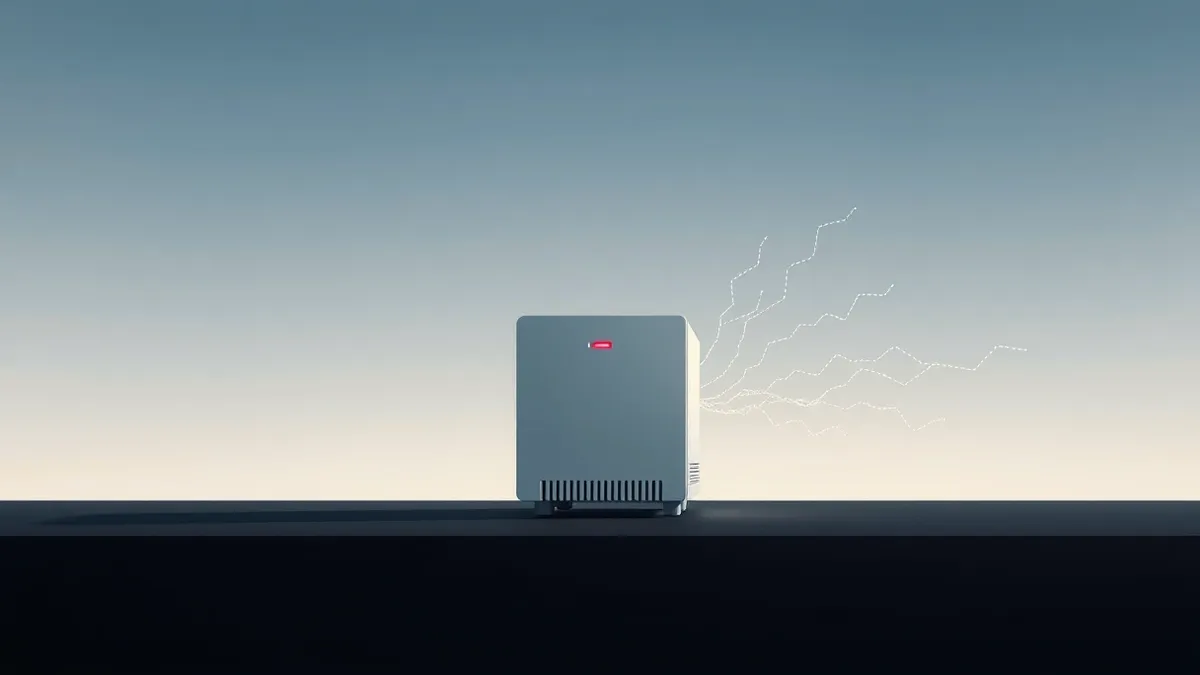 Illustration: A sleek white security appliance sits isolated on a dark surface, its single front indicator blinking a warning red.