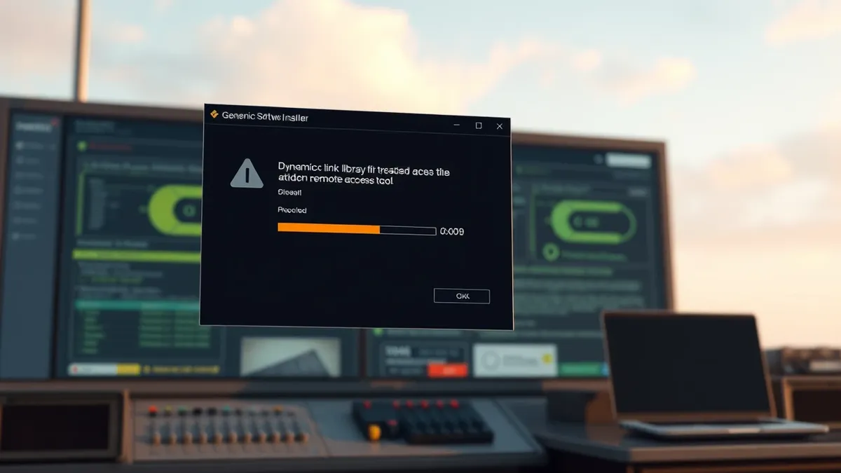 Illustration: A generic software installer window floats over a blurred industrial control interface.