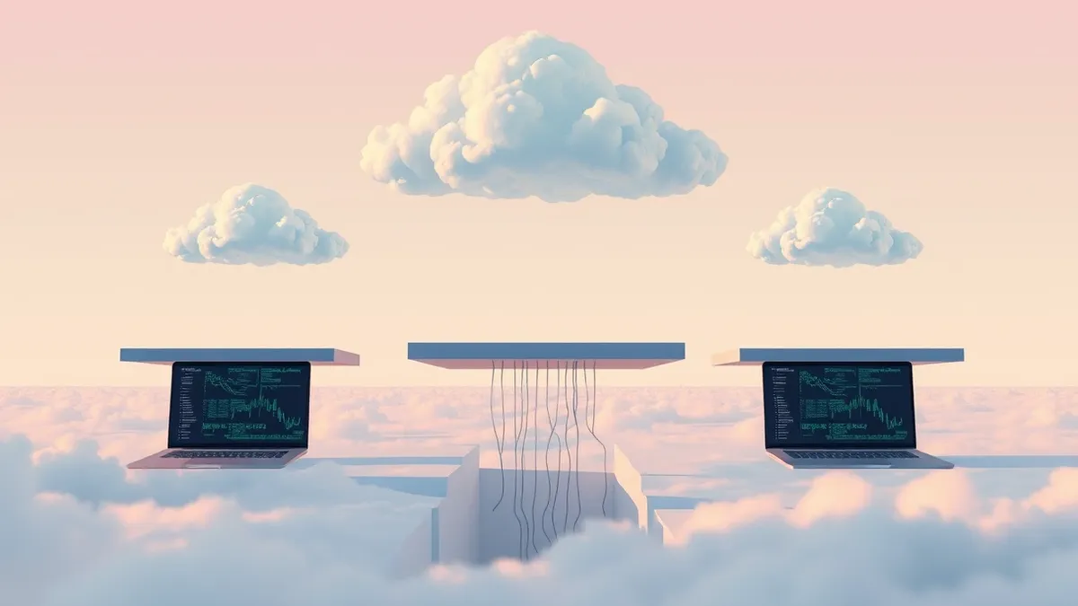 Illustration: Three distinct cloud platforms float separately above a fragmented digital landscape.