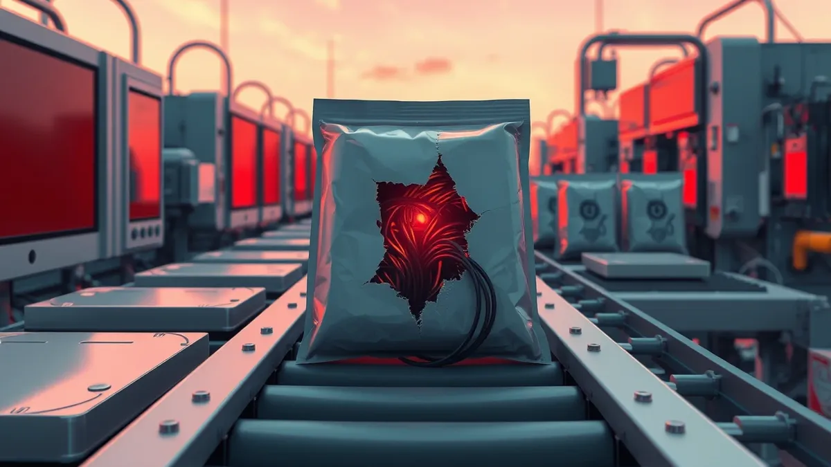 Illustration: A conveyor belt carries sealed gray software packages toward a glowing red furnace.