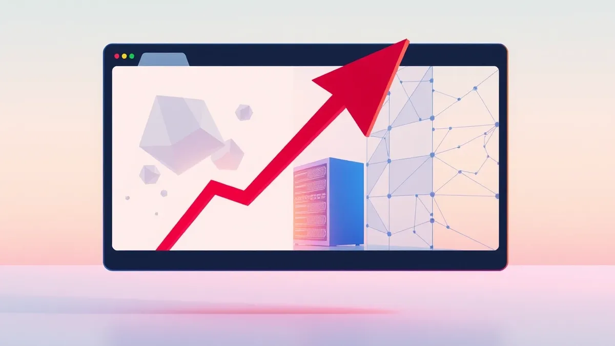 Illustration: A sleek web browser window floats in mid-air, displaying abstract geometric shapes.